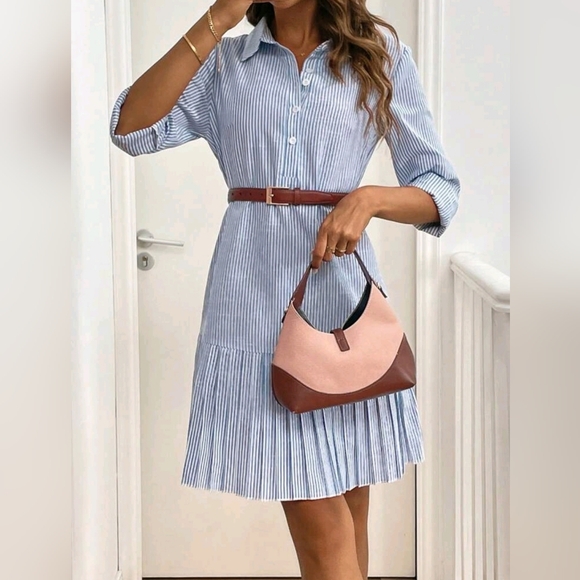 Boutique Dresses & Skirts - New Classic Striped Drop Waist Pleated Shirt Dress Blue White